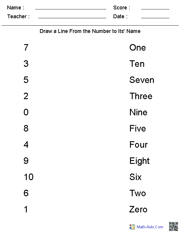 Matching Numbers to Their Names Kindergarten Worksheets