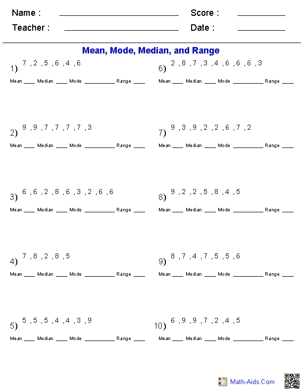 Mean Mode Median Math Worksheets