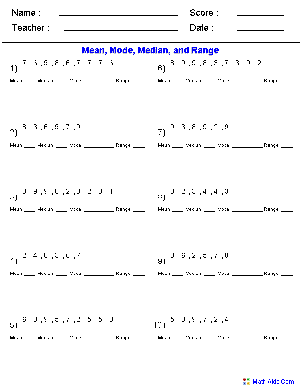 Problems Mean, Mode, Median, & Range Worksheets