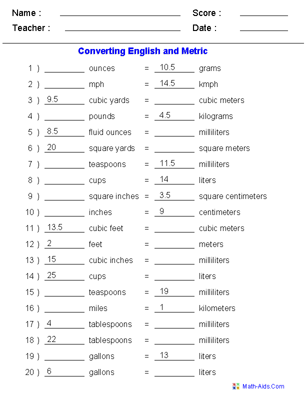 English & Metric Conversion Quiz Measurement Worksheets