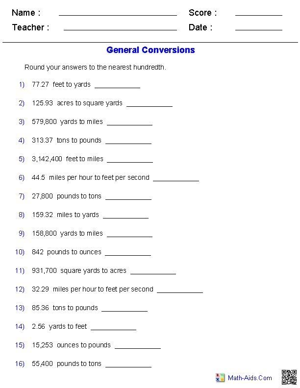 General Conversion Quiz Table Worksheets