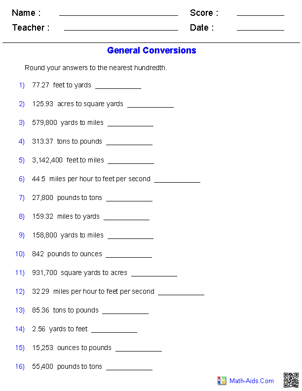 Measurement Equivalents Chart Math