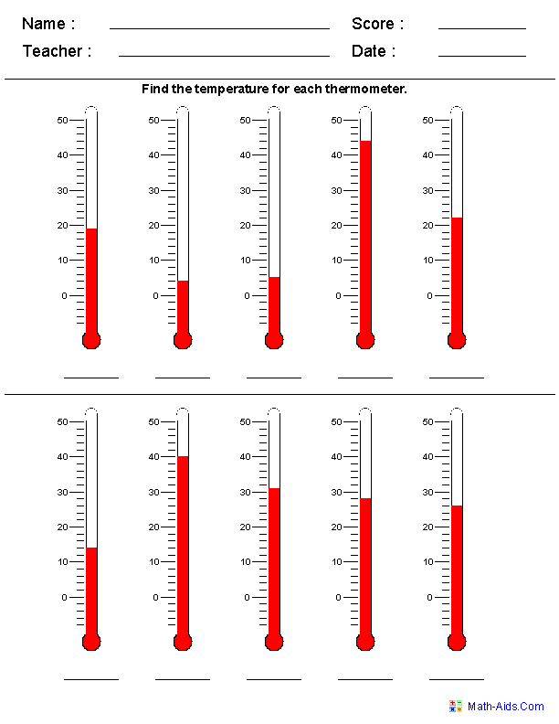 Reading a Thermometer Measurement Worksheets