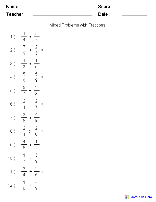 Adding Subtracting Multiplying and Dividing Two Fractions Mixed Problems Worksheets