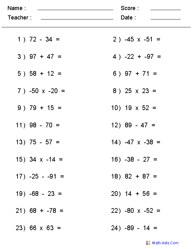 Mixed Problems Negative Numbers Worksheets