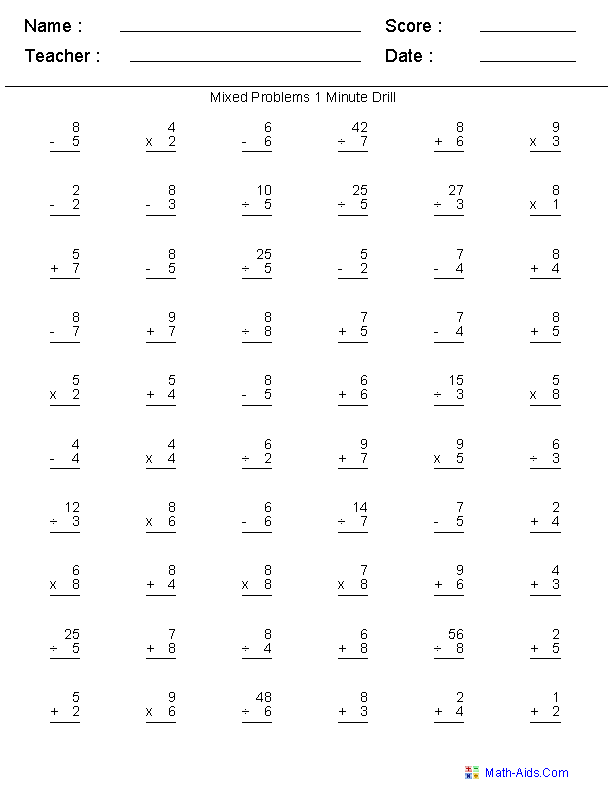 Mixed Problems Drills Worksheets