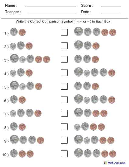 Comparing Coins Worksheets