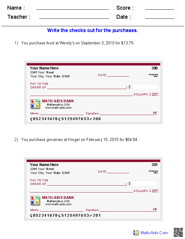 Writing Checks Worksheets