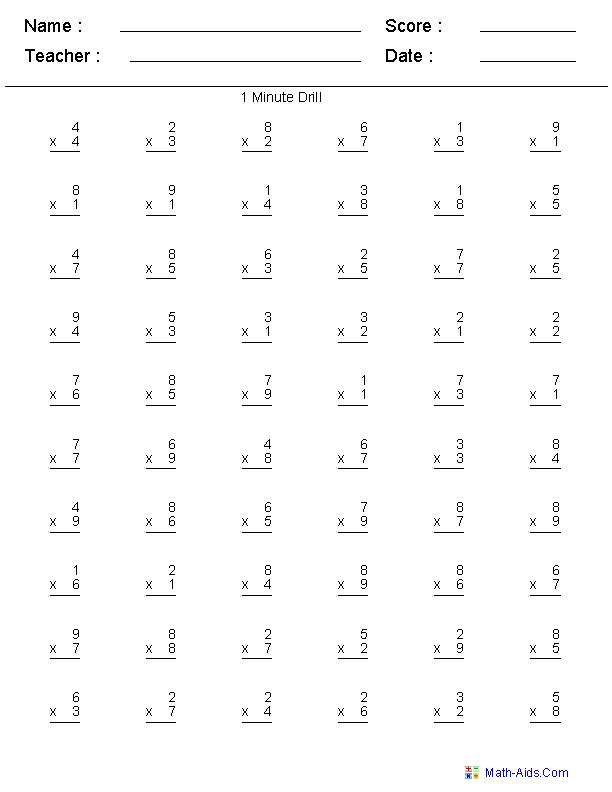 1, 3, or 5 Minute Drills Multiplication Worksheets