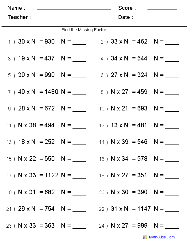 Missing Factor Multiplication Worksheets