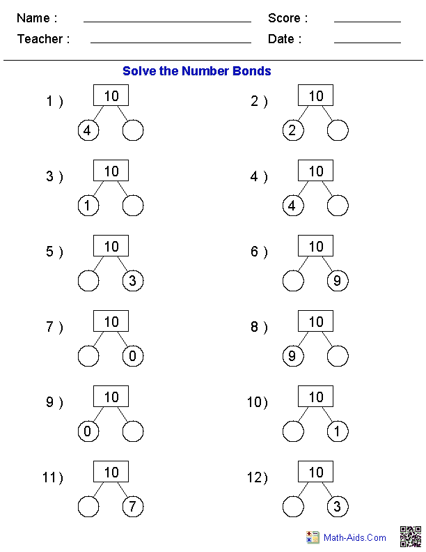 Tree Format Number Bonds Worksheets