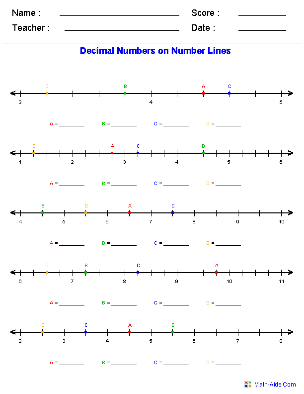 Number Lines Worksheets with Decimals