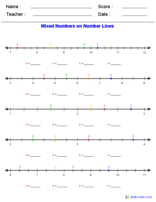Mixed Numbers on Number Lines Number Line Worksheets
