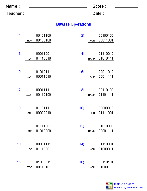 Bitwise Operations Number Systems Worksheets