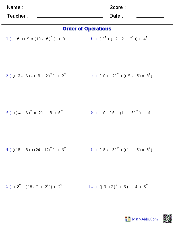Order of Operations Math Worksheets