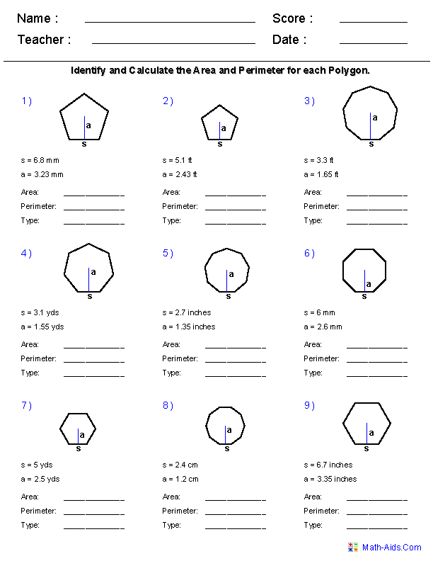 Area and Perimeter of Regular Polygons Worksheets