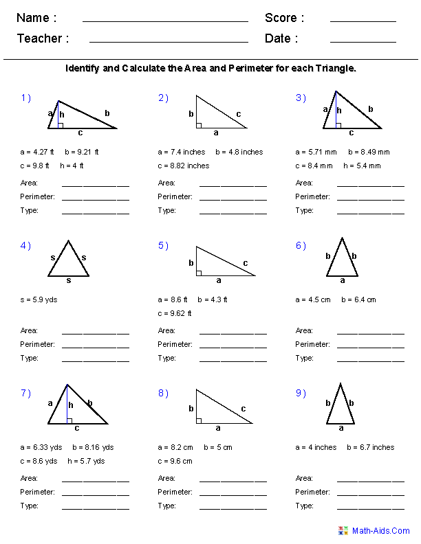 Area and Perimeter of Triangles Worksheets