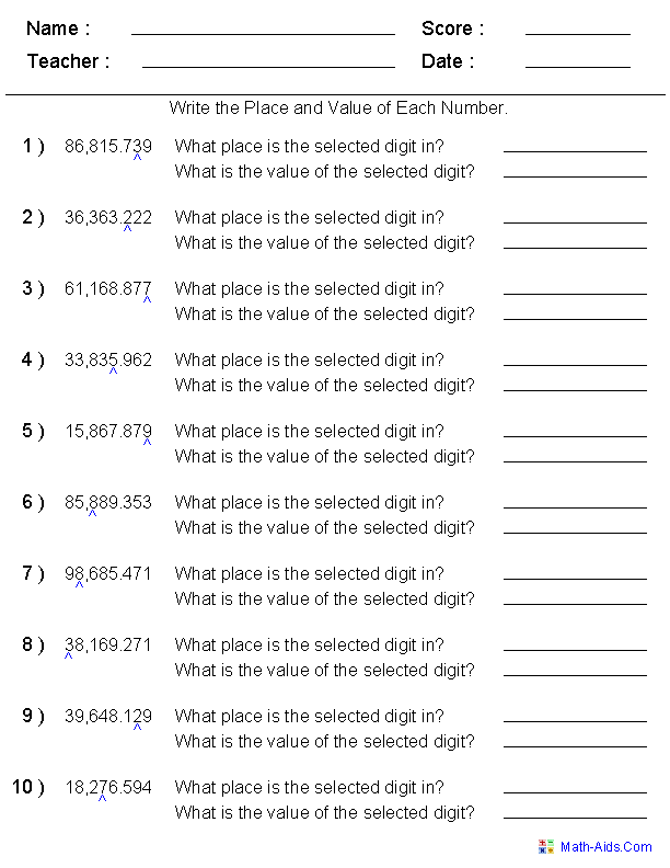 Place and Value for Decimal Numbers Place Value Worksheets