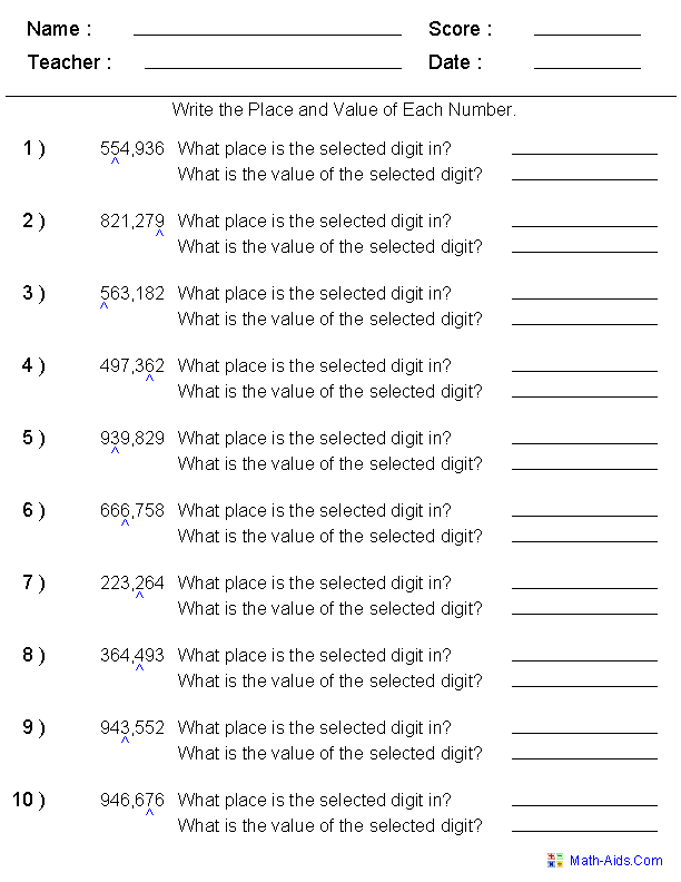 Place and Value for Integers Place Value Worksheets