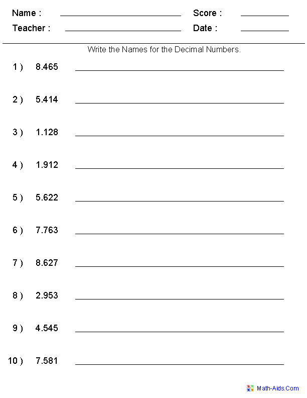 Reading And Writing Decimals Worksheets