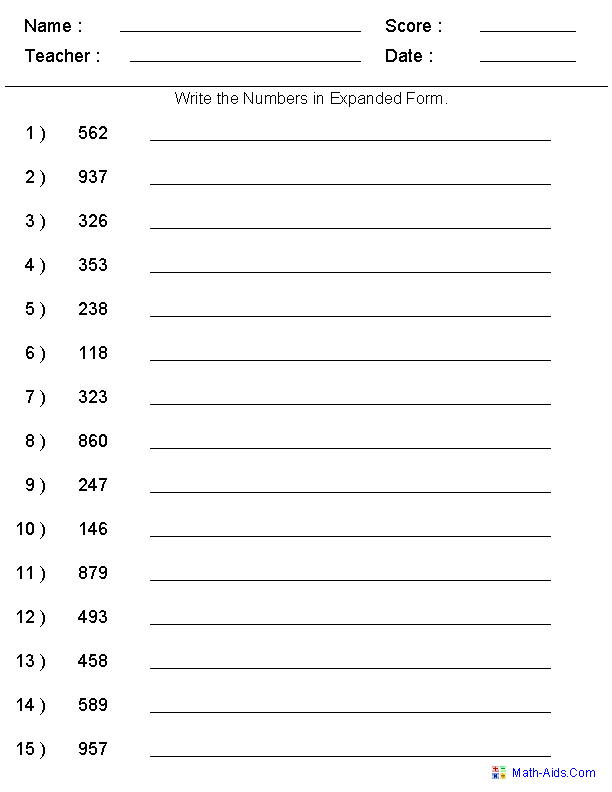 Expanded Form Integers Place Value Worksheets