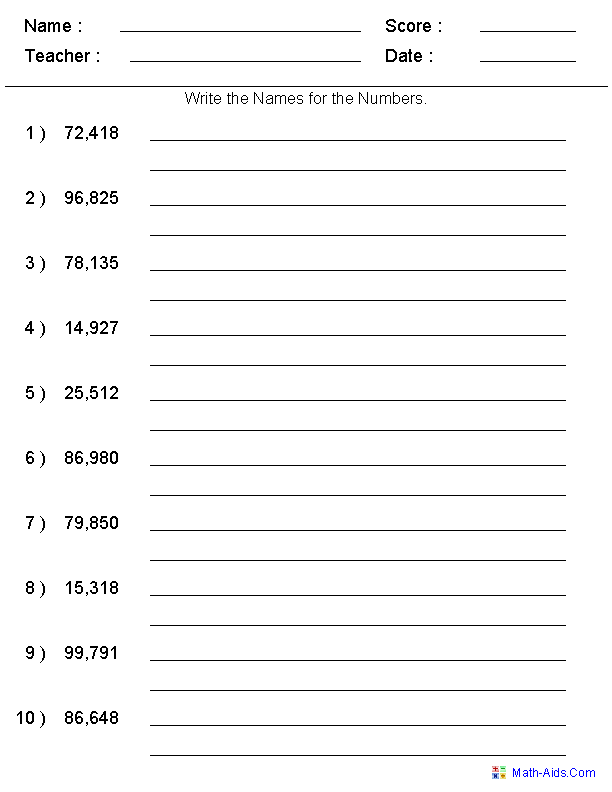 Writing Word Names for Integers Place Value Worksheets