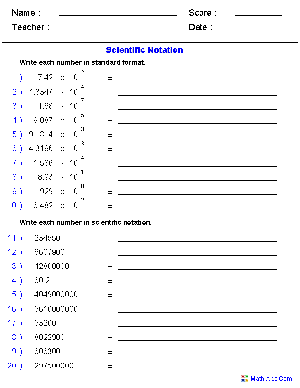 Scientific Notation Place Value Worksheets
