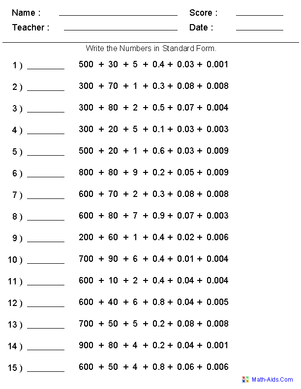 Standard Form with Decimals Place Value Worksheets