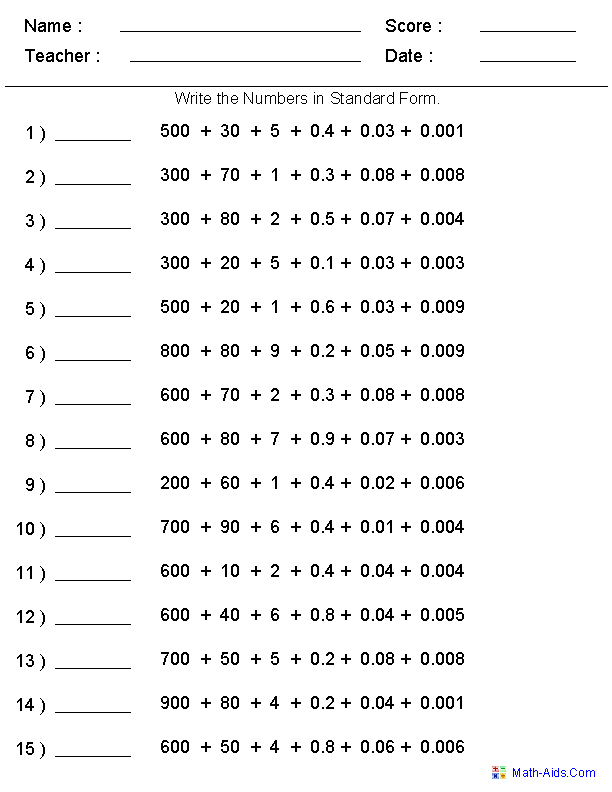 Standard Form Decimals Place Value Worksheets