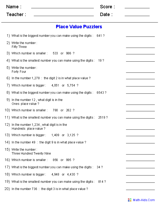 Place Value Puzzlers Worksheets