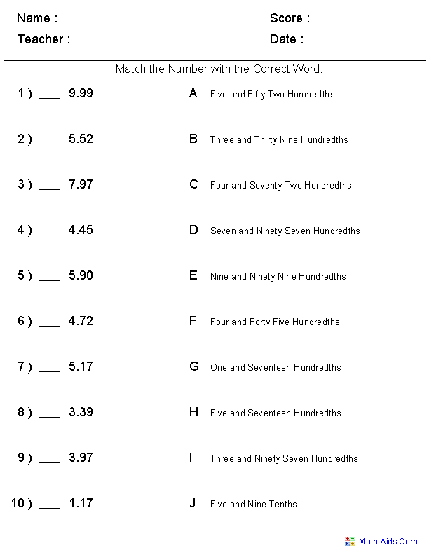 Match Decimals with Word Names Place Value Worksheets