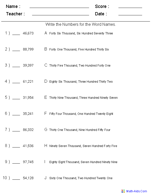 Match Integers with Word Names Place Value Worksheets