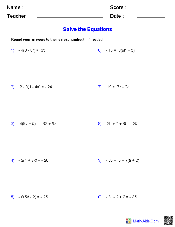 Pre-Algebra Worksheets | Equations Worksheets