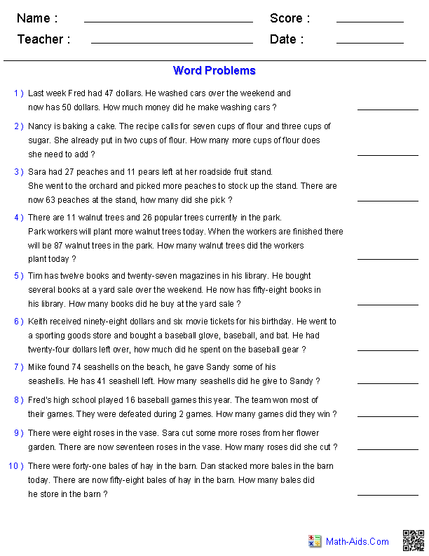Addition Word Problems 2 Digits Missinf Addends