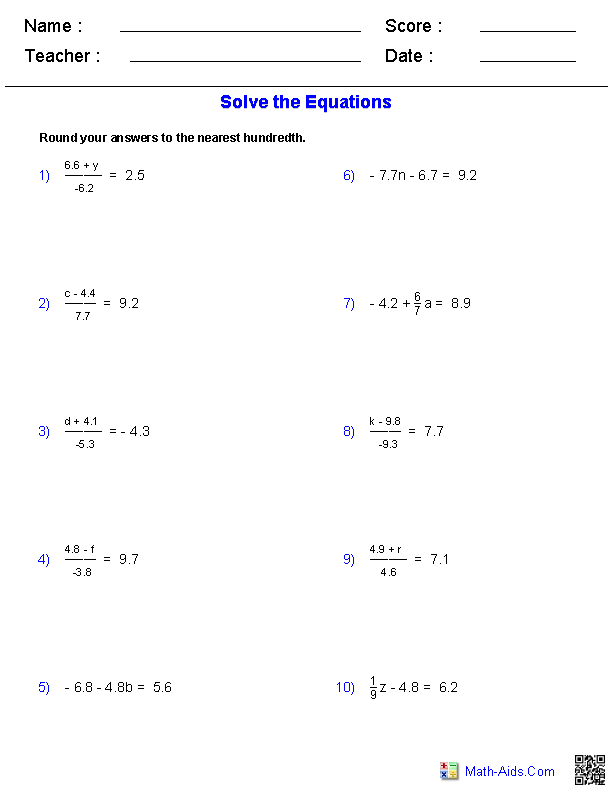Algebra 1 Worksheets | Equations Worksheets