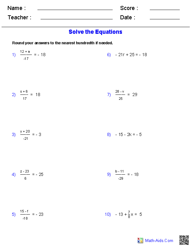 Pre-Algebra Worksheets | Equations Worksheets