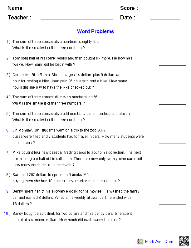 Two Step Word Problems Equations Worksheets