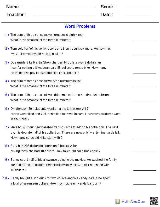 Algebra 1 Worksheets Word Problems Worksheets