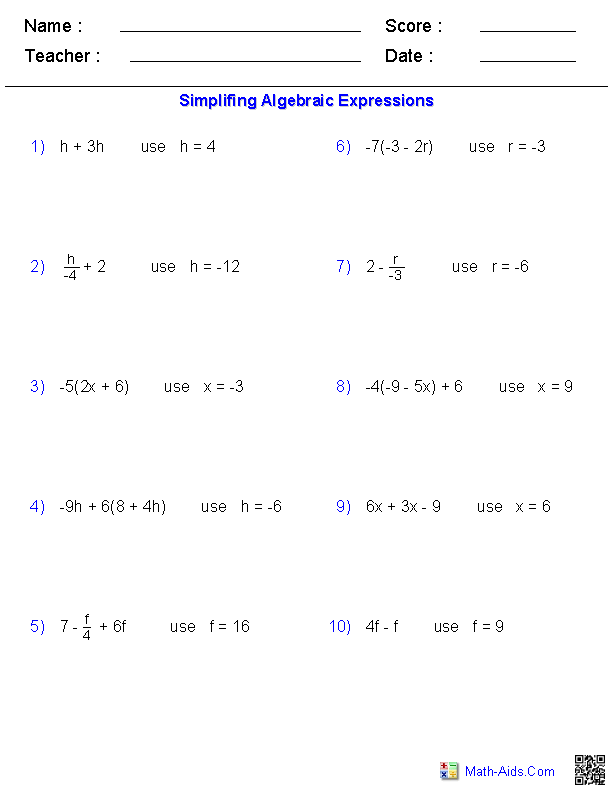 PreAlgebra Worksheets Algebraic Expressions Worksheets 6th Grade Math Websites