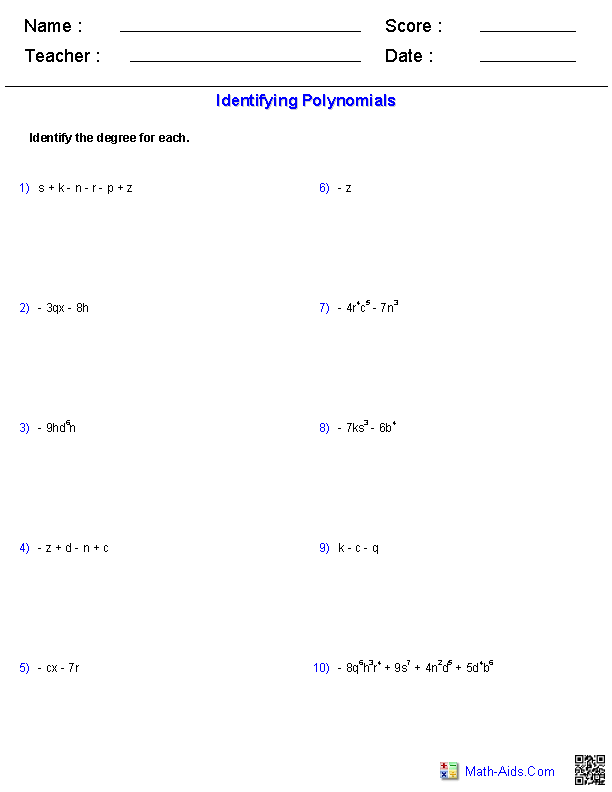 Pre-Algebra Worksheets | Monomials and Polynomials Worksheets