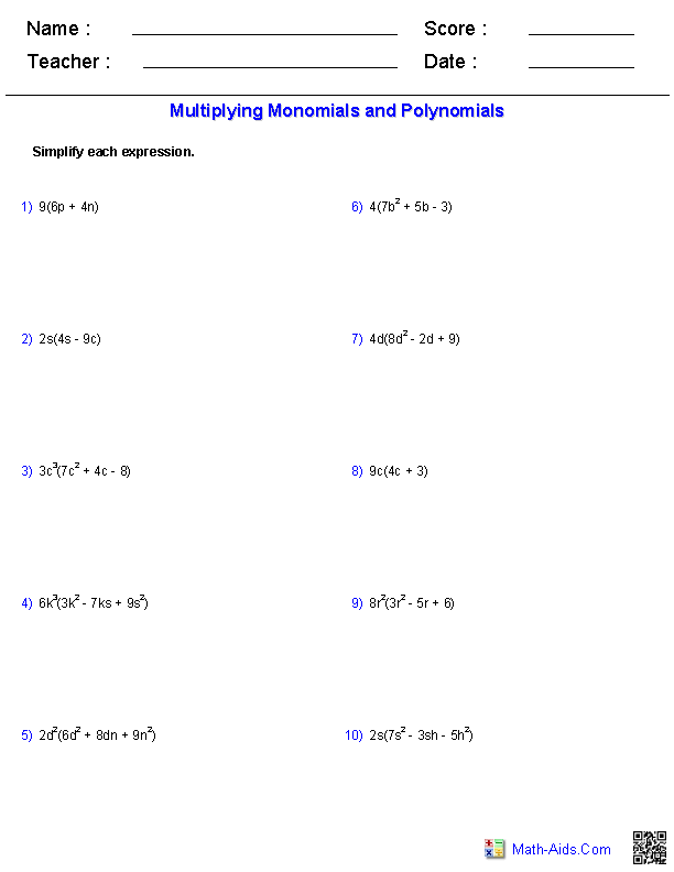 Multiplying Polynomials Polynomials Worksheets