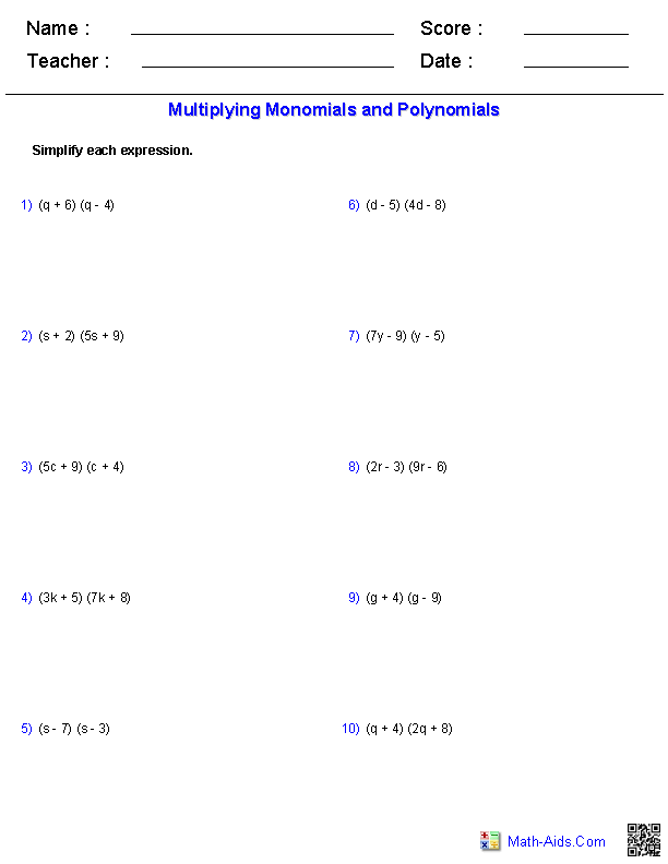 Multiplying Binomials Polynomials Worksheets