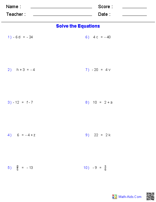 One Step Integer Equations Equations Worksheets