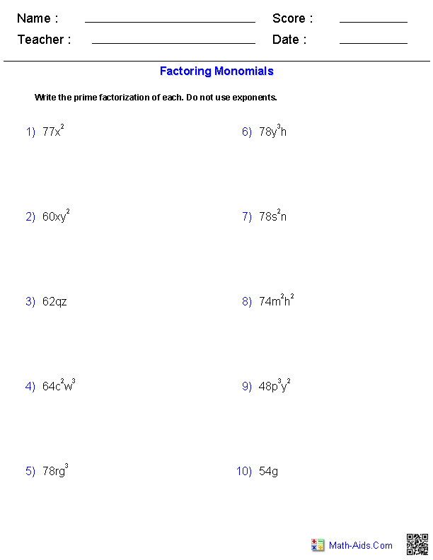Pre-Algebra Worksheets | Monomials and Polynomials Worksheets