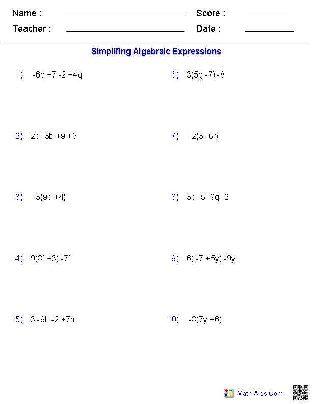 Simplifying Variables Expressions Worksheets