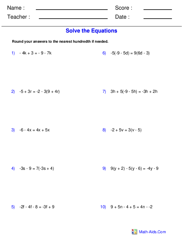 Variables Both Sides Equations Worksheets