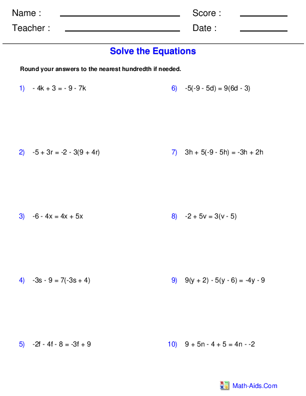 Pre-Algebra Worksheets | Equations Worksheets