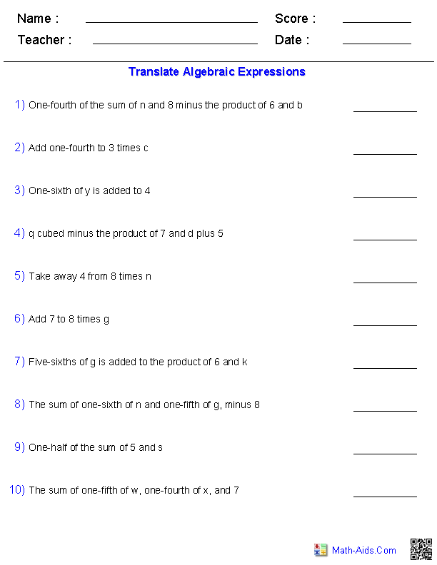 Pre-Algebra Worksheets | Algebraic Expressions Worksheets
