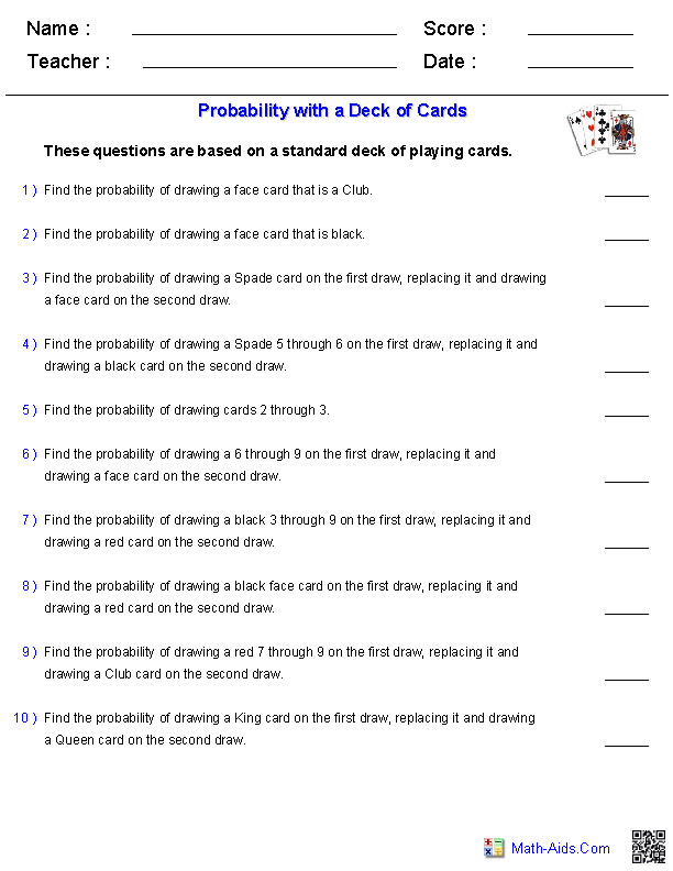 Deck of Cards Event Probabilities Probability Worksheets