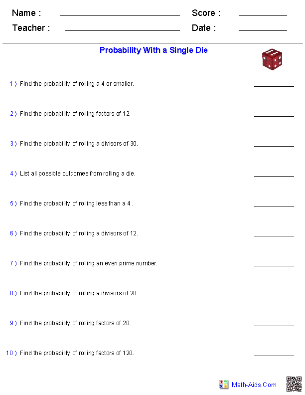 Single Die Event Probabilities Probability Worksheets